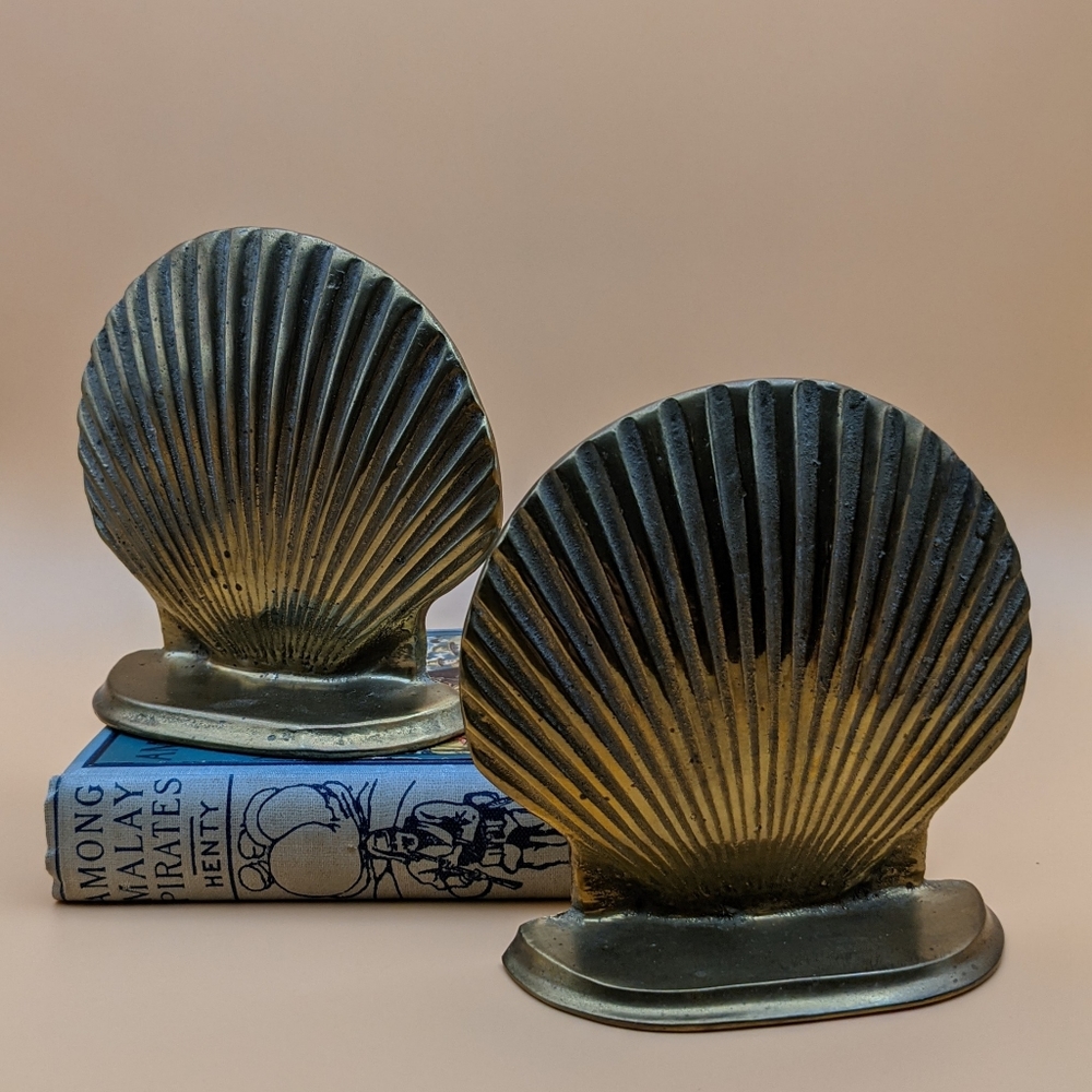 VTG MCM Solid Brass Shell Bookends / Decor